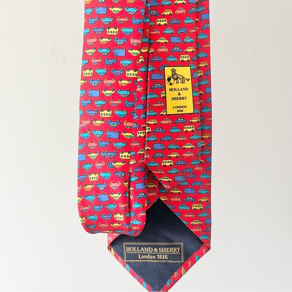 Holland & Sherry London 1836 All Silk Red Men’s Tie with Colorful Cars OS - Picture 4 of 6